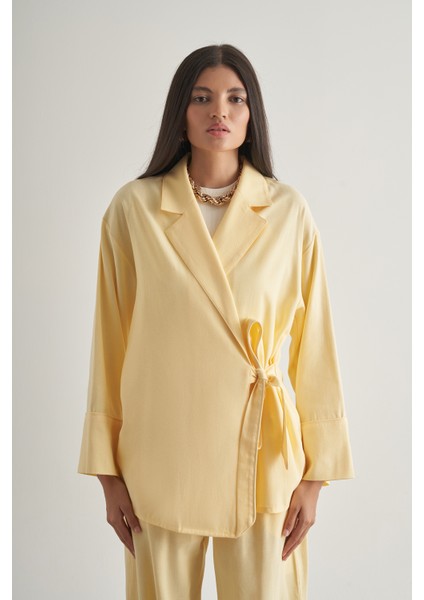 Keten Karışımlı Anvelop Bağlı Sarı Kimono Ceket indirimleri