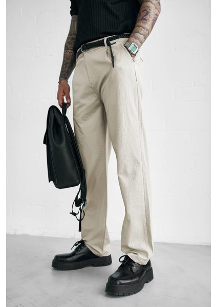 Erkek Dokulu Ince Kumaş Regular Fit Pantolon Bej modelleri