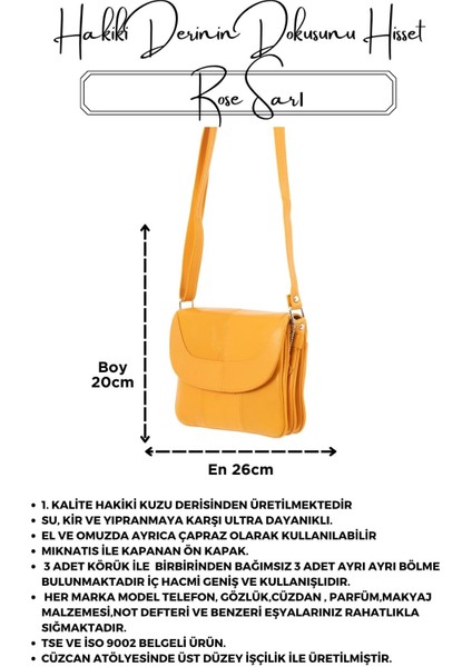 Rose Sarı Hakiki Deri 3 Körüklü Kadın Omuz Çantası Çapraz Çanta