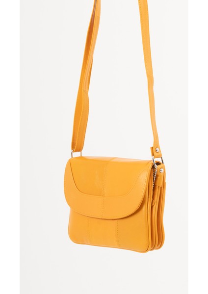 Rose Sarı Hakiki Deri 3 Körüklü Kadın Omuz Çantası Çapraz Çanta