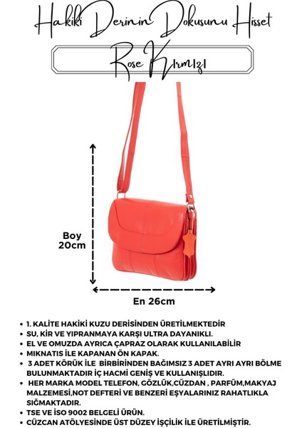 Rose Kırmızı Hakiki Deri 3 Körüklü Kadın Omuz Çantası Çapraz Çanta indirimleri