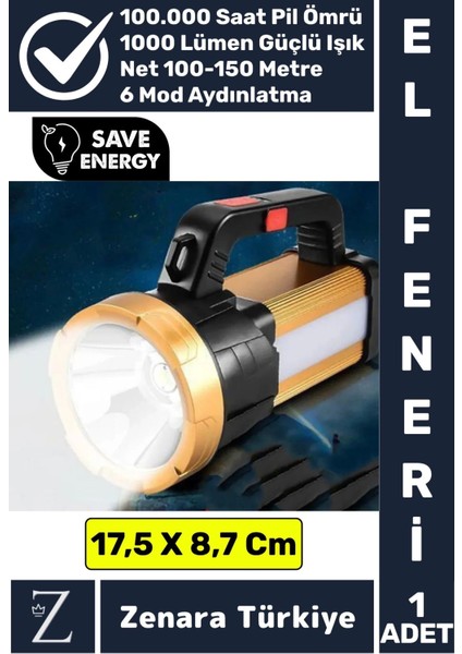 Profesyonel Kamp Avcı Güvenlik Deprem 6 Modlu 1000 Lümen Güçlü Beyaz Işık Şarjlı Projektör El Feneri