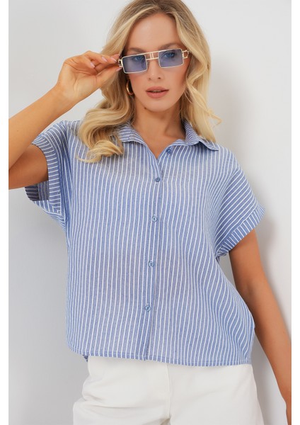Kadın Çizgili Kısa Kol Gömlek 20324 - Indigo
