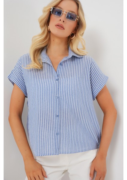 Kadın Çizgili Kısa Kol Gömlek 20324 - Indigo modelleri