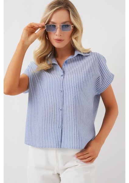 Kadın Çizgili Kısa Kol Gömlek 20324 - Indigo fırsatları