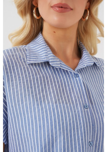 Kadın Çizgili Kısa Kol Gömlek 20324 - Indigo indirimleri