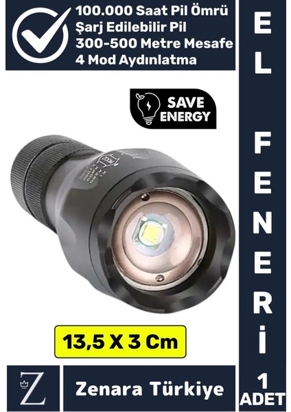 Kamp Avcı Güvenlik Balıkçı Deprem Enerji Tasarruflu 4 Mod Zoomlu Güçlü Beyaz Işık Şarjlı El Feneri