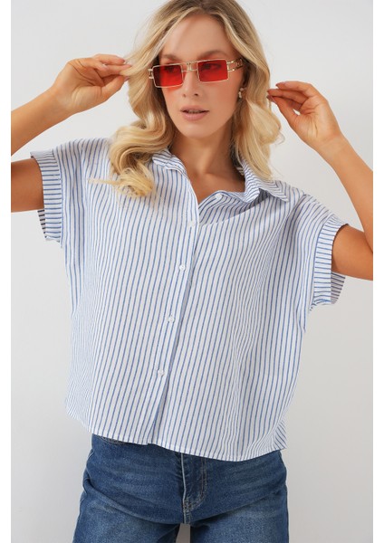Kadın Çizgili Kısa Kol Gömlek 20324 - Mavi