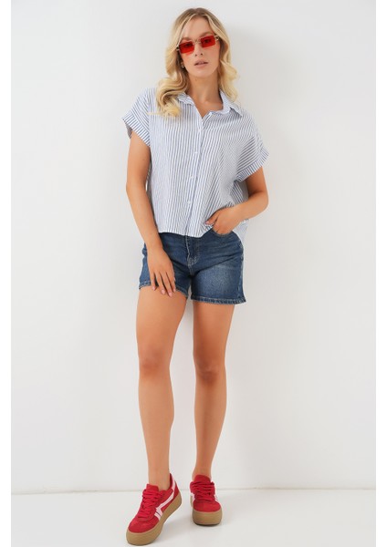 Kadın Çizgili Kısa Kol Gömlek 20324 - Mavi fiyatları
