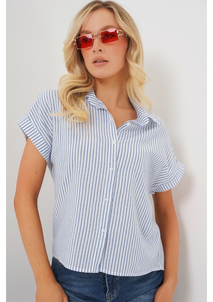 Kadın Çizgili Kısa Kol Gömlek 20324 - Mavi modelleri