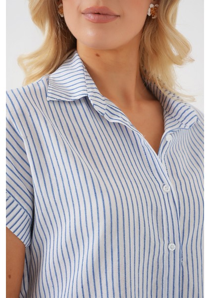 Kadın Çizgili Kısa Kol Gömlek 20324 - Mavi indirimleri