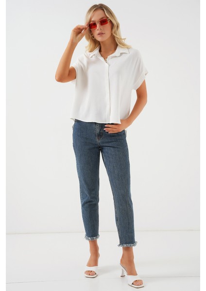 Kadın Oversize Kısa Kol Gömlek 20322 - Beyaz fiyatları