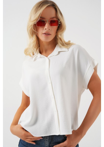 Kadın Oversize Kısa Kol Gömlek 20322 - Beyaz modelleri