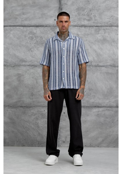 Mavi Ekru Örme Oversize Gömlek