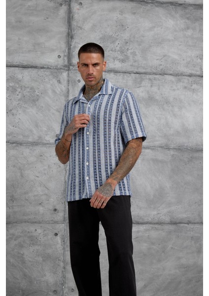 Mavi Ekru Örme Oversize Gömlek