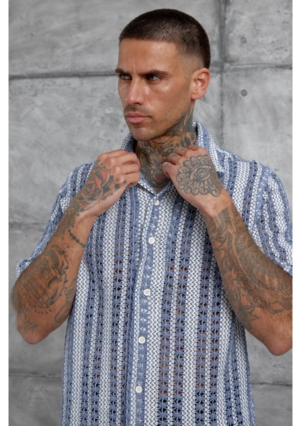 Mavi Ekru Örme Oversize Gömlek