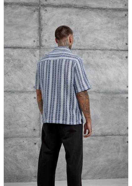 Mavi Ekru Örme Oversize Gömlek