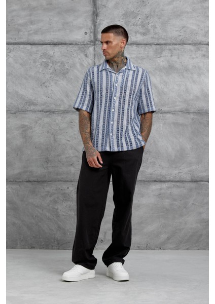 Mavi Ekru Örme Oversize Gömlek