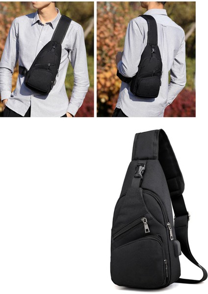 Erkek Fanny Paketi Şık Siyah Kalın Oxford Kumaş Polyester Harici USB Portu Bel Çantası Açık Seyahat Için Arkadaş (Yurt Dışından)