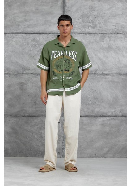 Yeşil Fearless Baskılı Oversize Gömlek