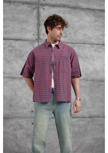 Bordo Kareli Kısa Kol Oversize Gömlek