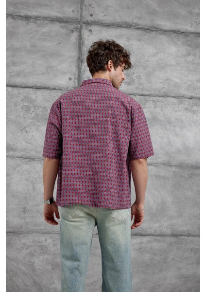 Bordo Kareli Kısa Kol Oversize Gömlek