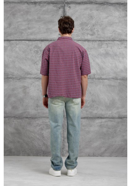 Bordo Kareli Kısa Kol Oversize Gömlek