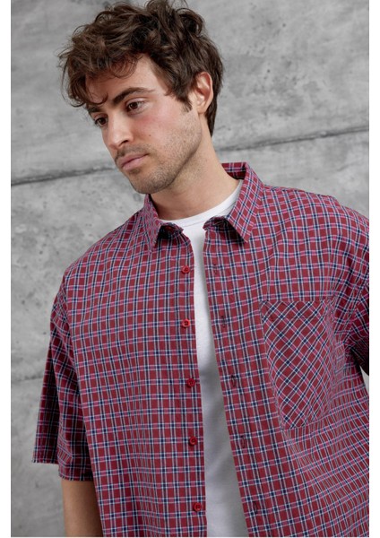Bordo Kareli Kısa Kol Oversize Gömlek