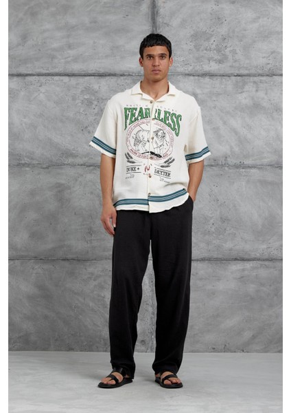 Krem Fearless Baskılı Oversize Gömlek