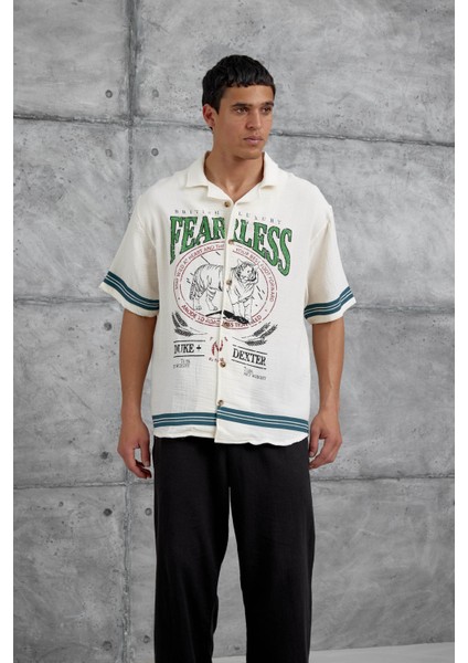 Krem Fearless Baskılı Oversize Gömlek