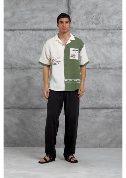Yeşil Krem Cepli Oversize Gömlek