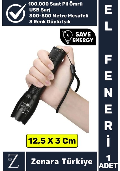 Profesyonel Kamp Avcı Güvenlik Okul Deprem Balıkçı Güçlü Işık 3 Mod Aydınlatma Şarjlı Mini El Feneri
