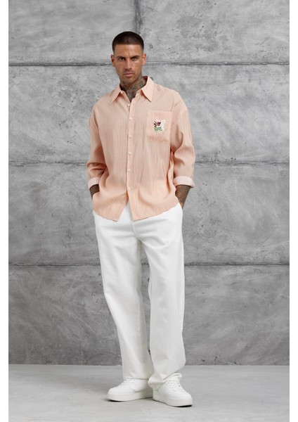 Somon Çizgili Modal Kumaş Oversize Gömlek