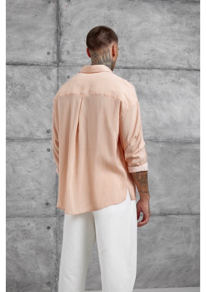Somon Çizgili Modal Kumaş Oversize Gömlek