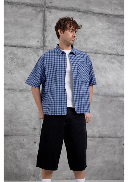 Turkuaz Kareli Kısa Kol Oversize Gömlek modelleri
