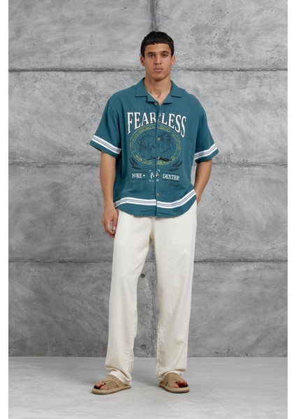 Mavi Fearless Baskılı Oversize Gömlek