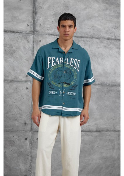 Mavi Fearless Baskılı Oversize Gömlek