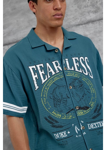 Mavi Fearless Baskılı Oversize Gömlek