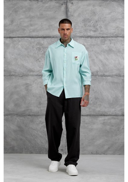 Turkuaz Çizgili Modal Kumaş Oversize Gömlek modelleri