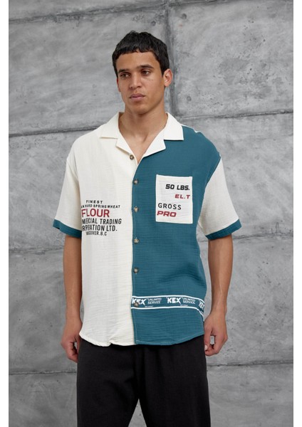Mavi Krem Cepli Oversize Gömlek