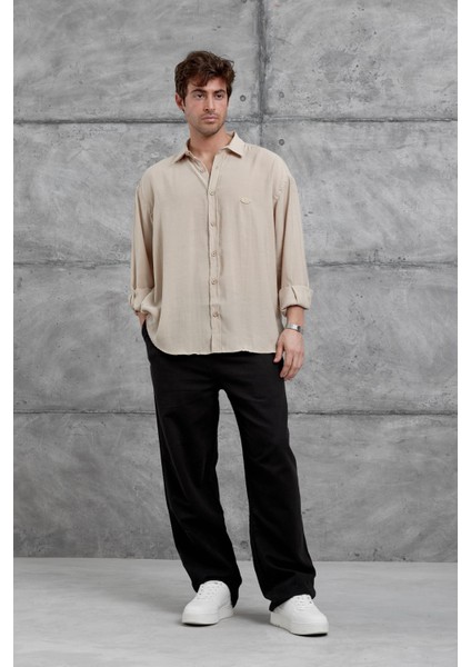 Krem Modal Kumaş Oversize Gömlek