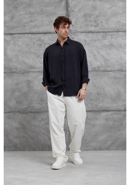 Siyah Modal Kumaş Oversize Gömlek