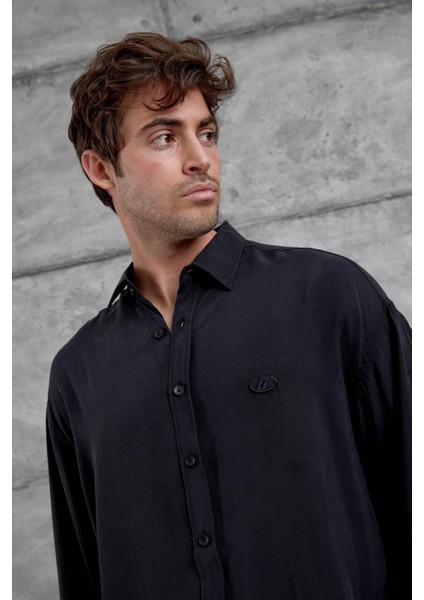 Siyah Modal Kumaş Oversize Gömlek