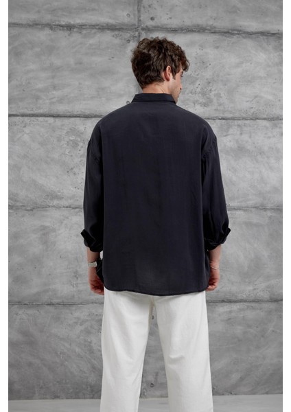 Siyah Modal Kumaş Oversize Gömlek