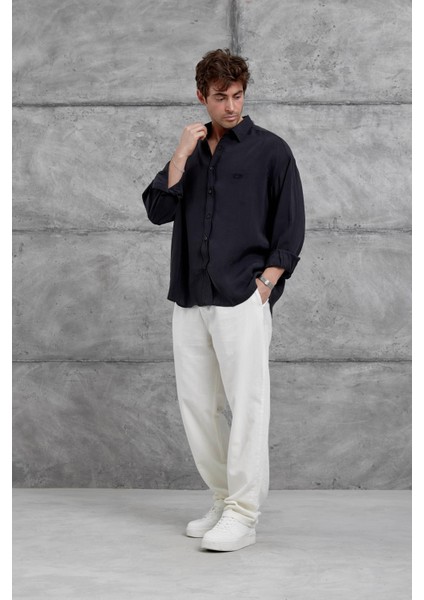 Siyah Modal Kumaş Oversize Gömlek