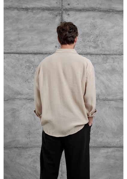 Krem Modal Kumaş Oversize Gömlek