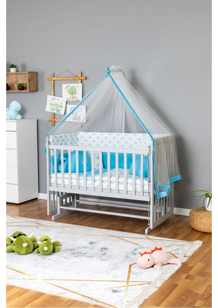 Ahşap Bebek Beşiği Anne Yanı Beşik Gri 70X130 - Mavi Balina Uyku Seti Yataklı fiyatları