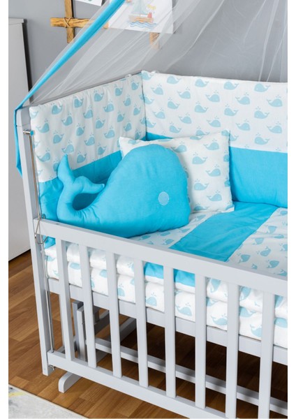 Ahşap Bebek Beşiği Anne Yanı Beşik Gri 70X130 - Mavi Balina Uyku Seti Yataklı modelleri