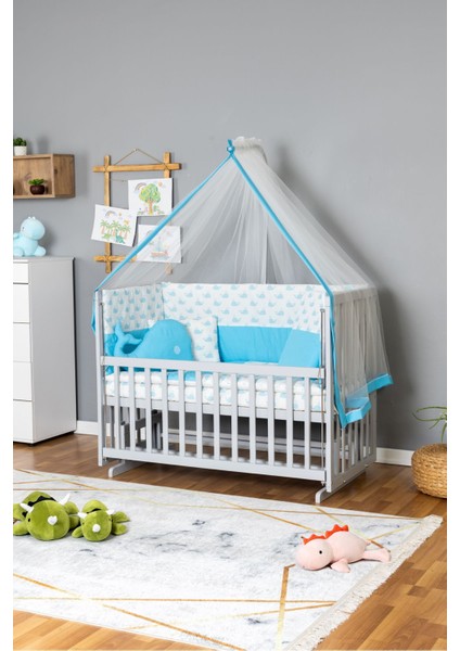 Ahşap Bebek Beşiği Anne Yanı Beşik Gri 70X130 - Mavi Balina Uyku Seti Yataklı fırsatları