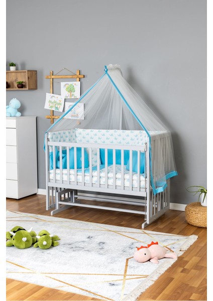 Ahşap Bebek Beşiği Anne Yanı Beşik Gri 70X130 - Mavi Balina Uyku Seti Yataklı indirimleri